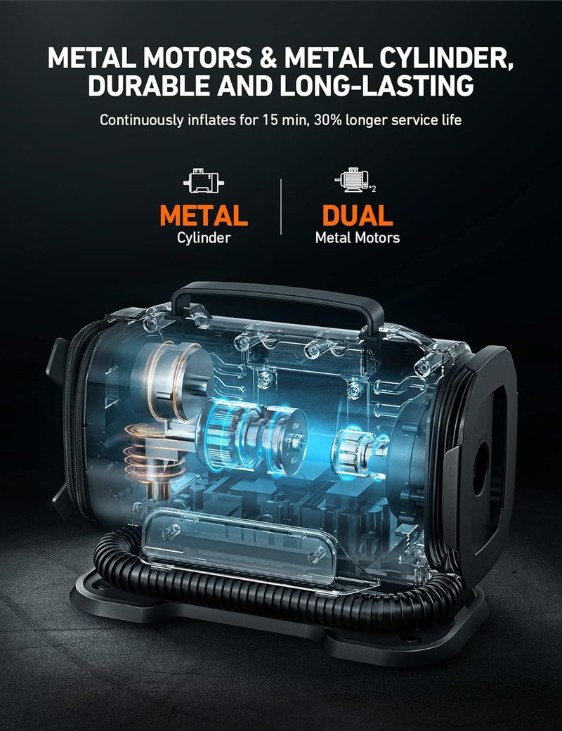 AstroAI مضخة هواء محمولة لضغط الإطارات 150 PSI 12V DC/110V AC مع محركات معدنية مزدوجة وضوء LED، ملحقات سيارات، وضعين للإطارات والسيارات والدراجات الهوائية والمطاطيات، أحمر - Image 3